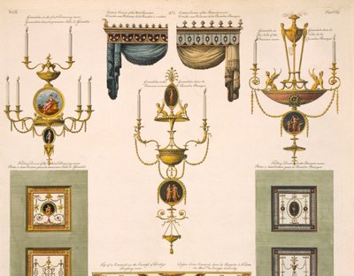 Perde Kornişleri, Girandoles ve Katlanır Kapı Tasarımları, 61957 1774 baskı detayı by Robert Adam
