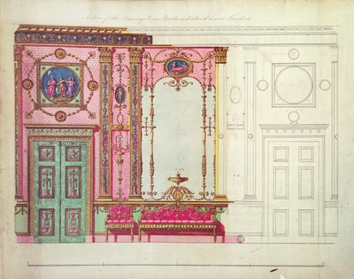 Çizim Odası Bölümü, Northumberland House, Londra; Uç duvar için tasarım, (kalem, mürekkep ve wc) by Robert Adam