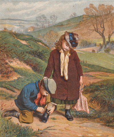 İhtiyacı olan bir arkadaş, bir kızın ayakkabılarını bağlayan bir erkek (renkli taş baskı) by Robert Barnes