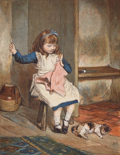 Ayaklarının dibinde kedisiyle dikiş diken kız (renkli taş baskı) by Robert Barnes