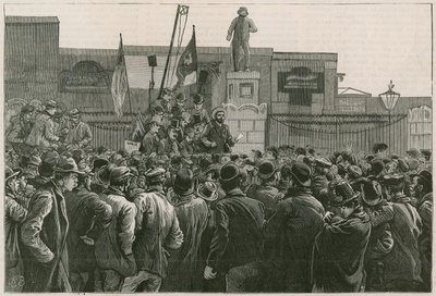 Doğu Yakasında Rıhtım İşçilerinin Büyük Grevi: Bay John Burns, Doğu ve Batı Hindistan Rıhtımlarının kapılarında grev yapan adamlara sesleniyor by Robert Barnes