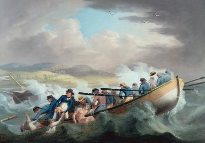Wight Adası açıklarında bir gemi enkazından kurtulanlar H.M.S. mürettebatı tarafından kurtarılıyor. Juno by Robert Dodd