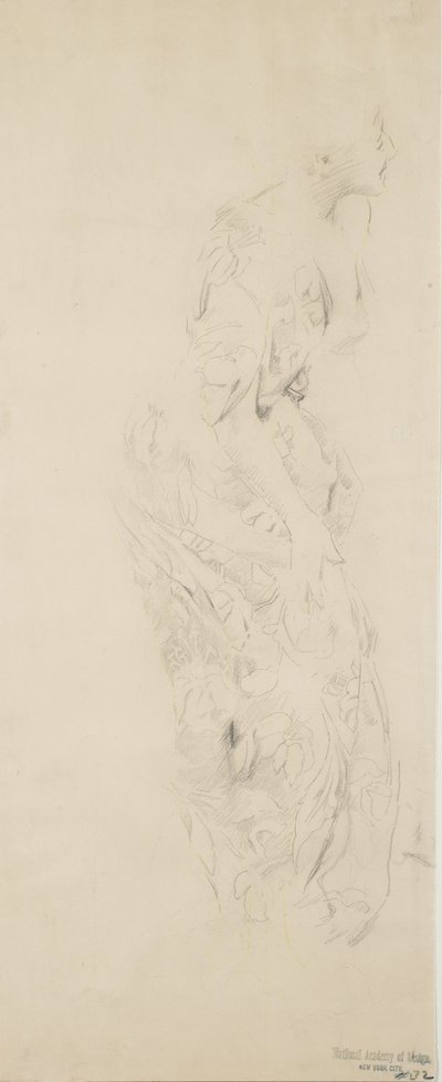 Muhtemelen Moods to Music duvar resmi için çiçek desenli elbiseli kadın taslağı, 1893-98 (devetüyü dokuma kağıt üzerinde grafit ve sarı kalem) by Robert Frederick Blum