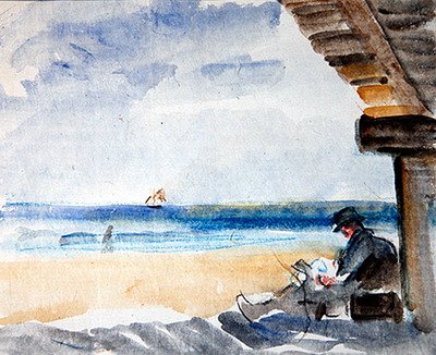 Sahilde Okuma (kağıt üzerine suluboya ve karakalem) by Robert Graham Dryden Alexander