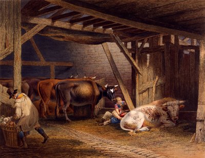 İnek ahırı (el renginde aquatint) by Robert Hills
