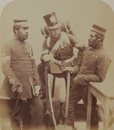 Renk Çavuşları J. Stanton, Kester Knight ve W. Bruce, Royal Sappers and Miners, 1856 (sepya fotoğrafı) by Robert Howlett