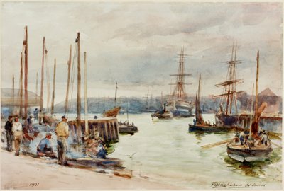 Fishing Harbour, North Shields (kağıt üzerine kalem ve sulu boya) by Robert Jobling