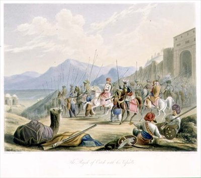 The Rajah of Cutch, Desal II (1819-60), Vasalları ile, R.G. Reeve (fl.1811-37) ve renklendiren J.B. Hogarth, pub. Ackermann tarafından by Robert Melville (after) Grindlay