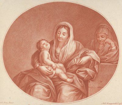 Kucağında uyuyan bebek İsa ile oturan Bakire, Saint Elizabeth sağda, an..., 1776. by Robert Menageot