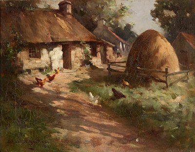 Samanlıkta Tavuklar (tuval üzerine yağlı boya) by Robert Russell MacNee