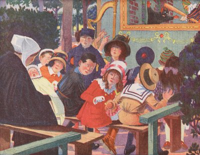 Ağlayan bir bebek tarafından yarıda kesilen bir Punch and Judy gösterisi (renkli taş baskı) by Robert Salles