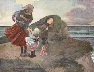 Bir balıkçının ailesi, fırtına gelmeden önce endişeyle onun dönüşünü bekliyor (renkli taş baskı) by Robert Salles