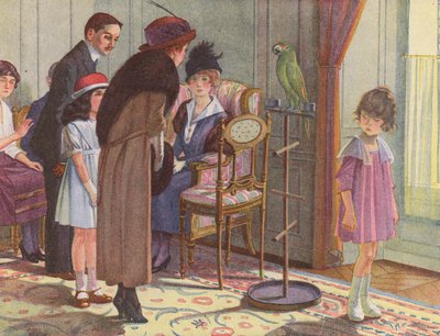 Yaramaz bir kızın yanlış davranışları konuşan bir papağan tarafından ortaya çıkarılıyor (renkli taş baskı) by Robert Salles