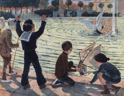 Bir parkın havuzunda arkadaşlarıyla oynayan bir çocuğun teknesine kuğu saldırır. “Je sais Lire””de Robert Salles (1871-1929) tarafından yapılan illüstrasyon. by Robert Salles