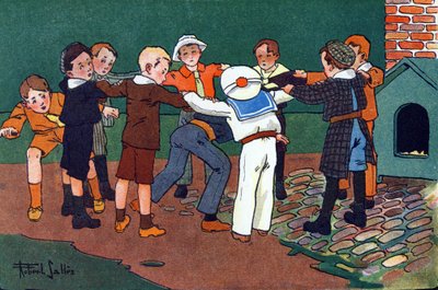 Kedi ve fare. Gravür “” Ne oynuyoruz? Robert Salles (1871-1929) tarafından suluboya çizimleri ile E. Weber tarafından “”. Kütüphane Garnier Freres, Paris by Robert Salles