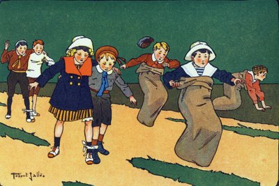 Çanta yarışı. Gravür “” Ne oynuyoruz? Robert Salles (1871-1929) tarafından suluboya çizimleri ile E. Weber tarafından “”. Kütüphane Garnier Freres, Paris by Robert Salles