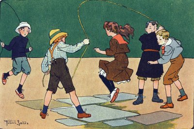Atlama ipi var. Gravür “” Ne oynuyoruz? Robert Salles (1871-1929) tarafından suluboya çizimleri ile E. Weber tarafından “”. Kütüphane Garnier Freres, Paris by Robert Salles