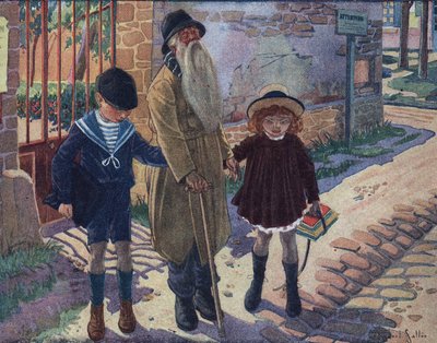 Körlerin sopası: iki çocuk kör bir yaşlı adamın yürümesine yardım eder. “Je sais Lire””de Robert Salles (1871-1929) tarafından yapılan illüstrasyon. by Robert Salles