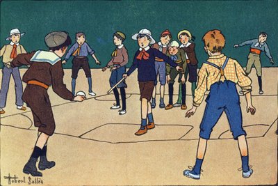 Theque (top ve sopa ile takım oyunu). Gravür “” Ne oynuyoruz? Robert Salles (1871-1929) tarafından suluboya çizimleri ile E. Weber tarafından “”. Kütüphane Garnier Freres, Paris by Robert Salles