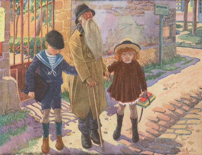 Bastonunu kaybeden yaşlı bir kör adama yardım eden iki çocuk (renkli taş baskı) by Robert Salles