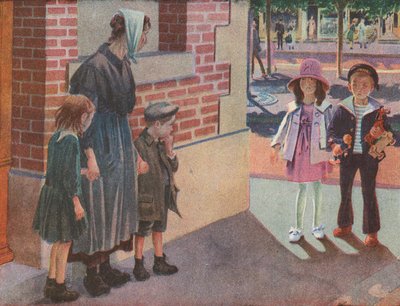 İki varlıklı çocuk sokakta dilenen yoksul bir anne ve çocuklarıyla karşılaşıyor (renkli taş baskı) by Robert Salles