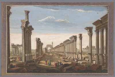 Palmira'daki revak kemerinin kalıntılarının batıdan görünüşü, batıdan görülen Palmira'daki büyük tapınağın kalıntıları (nesne üzerindeki başlık) by Robert Sayer (possibly)