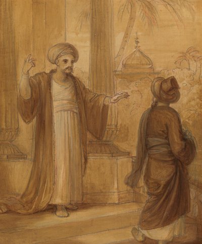 Ayakta Duran İki Erkek Figürüyle Bir Doğu Romantizmi, muhtemelen 'Arap Geceleri' için İllüstrasyon by Robert Smirke