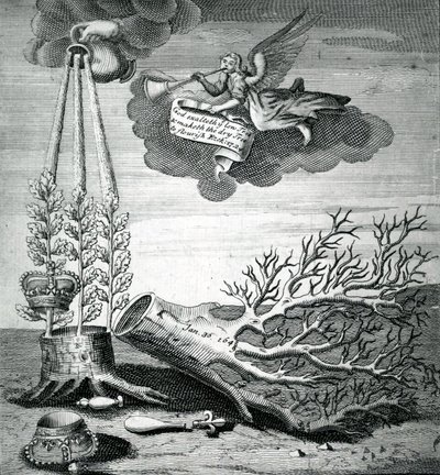 Charles I ve Stuart ardılının yürütülmesine atıfta bulunan sembolik baskı, 1715 by Robert Vaughan