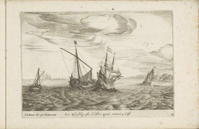 lichter Wijdschip Een Wyt-schip genellikle Lichter groot omtrent 30 Last / Lichter de 30 Tonneaux (nesne üzerindeki başlık) Çeşitli gemilerde sert les Provinces Unies / Kullanımları çoğunlukla iç sularda kontrol edilen çeşitli Hollanda gemilerinin simgeler by Robert de Baudous (possibly)