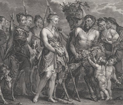 Kovalamacadan dönen Diana, yanında köpekler ve soldaki perileri, iki satir..., yakl. 1808 by Robert de Launay
