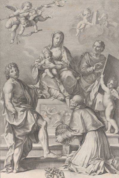Madonna ve Çocuk merkezde Vaftizci Yahya, Aziz Luka, Papa Peter Celestini,..., 1694. by Robert van Audenaerde