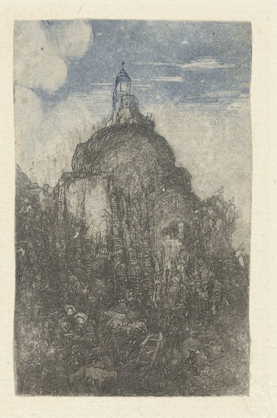 Le Phare Chapelle alpestre kayanın eteğinde bir kayanın üzerine inşa edilmiş ve koyunlarla birlikte dinlenmiş çobanlar by Rodolphe Bresdin