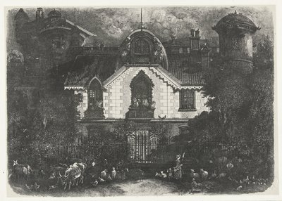 Bir çitin arkasında kulesi olan bir ev ve sığırlı bir çoban maison büyücü by Rodolphe Bresdin