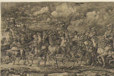 Hizmetçiler ve sığırlarla çevrili karılarıyla birlikte bir manzarada at sürüyorlar. by Rodolphe Bresdin
