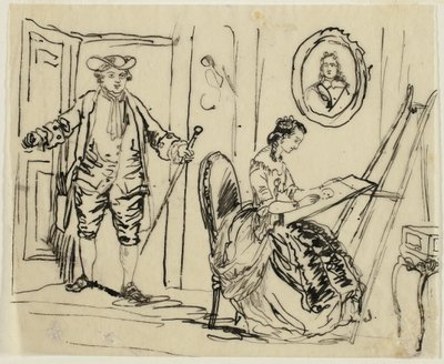 Onsekizinci Yüzyıl Giysileri İçinde Kadın ve Erkekle İç Mekan by Rodolphe Bresdin