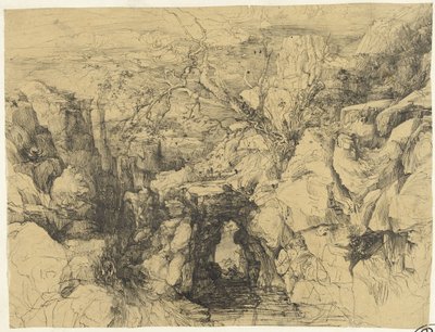 Dağ dere üzerinde kayalar ve taş köprü ile manzara by Rodolphe Bresdin
