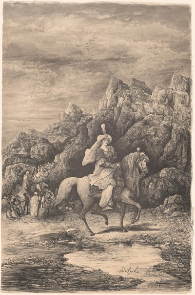 Issız bir dağ manzarasında oryantal binici kadın by Rodolphe Bresdin