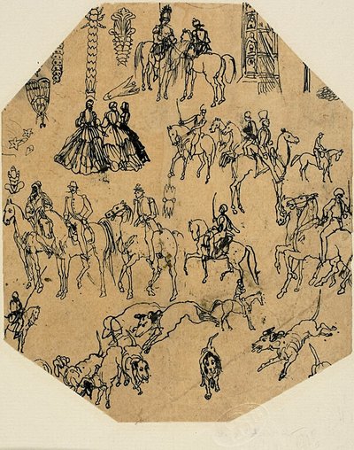 Eskiz Sayfası: Tazılar, Biniciler, Hanımlar. Mimari Unsurlar, Böcekler by Rodolphe Bresdin