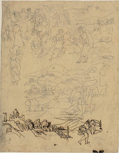 İncil Sahnelerinin Eskizleri, Göl Kıyısındaki Kasaba, Dağ Köyü, Savaşçı by Rodolphe Bresdin