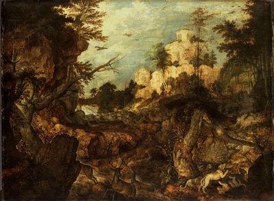 Kayalık bir manzarada yaban domuzu avı by Roelant Savery