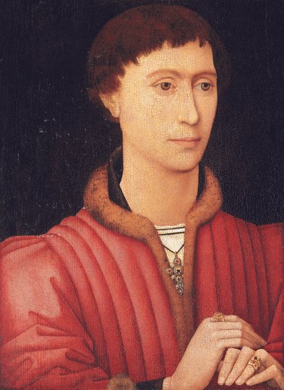 Genç bir adamın portresi, göğüs boyunda, kürklü kırmızı bir yelek giymiş, c.1450-60 (panelde yağlı boya) by Rogier van der (circle of) Weyden