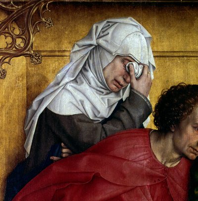 Haçın birikmesi veya inişi. Gözyaşları içinde karakterin detayı. Rogier Altarpiece (Roger) Van Der Weyden (1400-1464) 1435 Dim. 2,20 x 0,35 m Madrid, Musee du Prado - Haçtan İniş veya İniş. Yas karakterlerinin detayı. sunak by Rogier van der Weyden