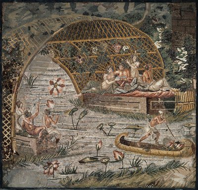 Nil yakınlarında bir çardak altında ziyafet - Palestrina Nil Mozaiğinin Detayı - MÖ 3. yüzyıl - Palestrina Nil mozaiği - MÖ 3. yüzyıl, 95x102 cm - Staatliche Museen, Berlin by Roman