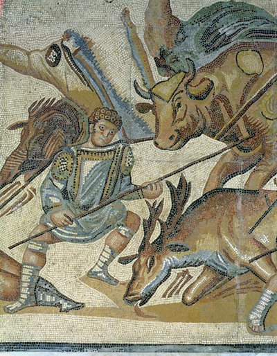 Gladyatörler ve Hayvanlar arasındaki savaş, bir boğayı mızraklayan bir gladyatörün detayı, MS 320 (mozaik) by Roman