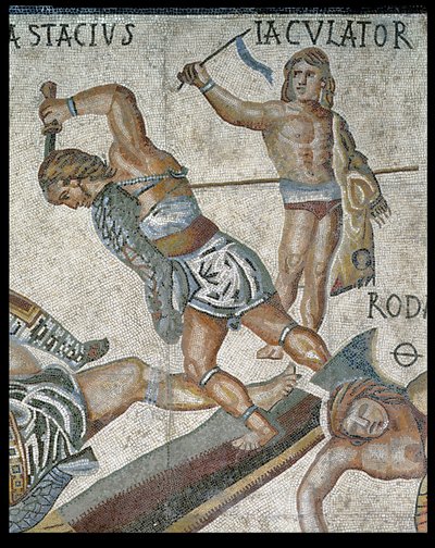 Gladyatörler arasındaki savaş, bir gladyatör dövüşünün detayı ve muzaffer bir gladyatör, MS 320 (mozaik) by Roman