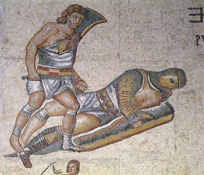 Gladyatörler arasındaki savaş, bir gladyatörün diğerini yere çivileme detayı, MS 320 (mozaik) by Roman