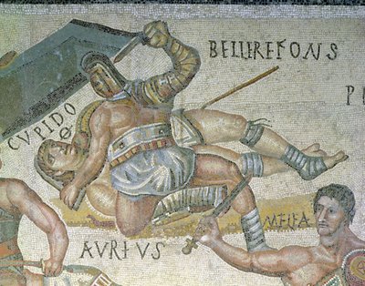 Gladyatörler arasındaki savaş, bir gladyatörün diğerini yere çivileme detayı, MS 320 (mozaik) by Roman
