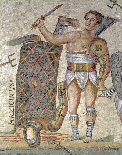 Gladyatörler arasındaki savaş, muzaffer bir gladyatörün detayı, MS 320 (mozaik) by Roman
