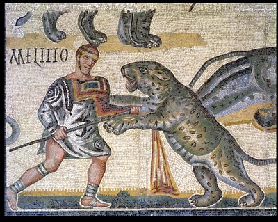Yaban kedilerine karşı gladyatörlerin savaşı, bir yaban kedisinin içinden geçen bir gladyatörü tasvir eden detay, MS 320 (mozaik) by Roman