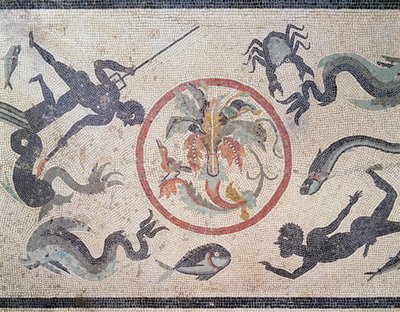 Balıkçılar ve deniz canlıları, MS 1. yüzyıl (mozaik) by Roman